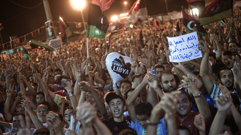 Tens of thousands of Libyans celebrate what the rebels claim to be the first uprising in Tripoli against Moammar Gadhafi's regime on Sunday at freedom square in Benghazi, Libya.