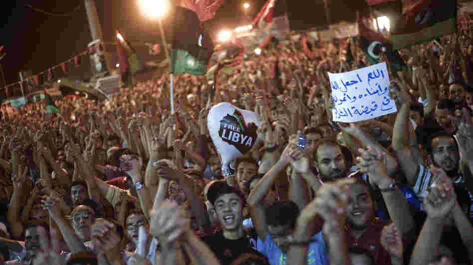 Tens of thousands of Libyans celebrate what the rebels claim to be the first uprising in Tripoli against Moammar Gadhafi's regime on Sunday at freedom square in Benghazi, Libya.