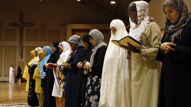 Members of the Memphis Islamic Center pray at Heartsong Church in Cordova, Tenn., last year.