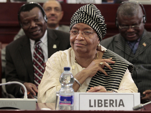 Liberian President Ellen Johnson Sirleaf looks on during the closing session of the 17th African Union Summit, at Sipopo Conference Center, outside Malabo, Equatorial Guinea, Friday, July 1, 2011. The president has said she will run for a second term. Liberian President Ellen Johnson Sirleaf looks on during the closing session of the 17th African Union Summit, at Sipopo Conference Center, outside Malabo, Equatorial Guinea, Friday, July 1, 2011. The president has said she will run for a second term.
