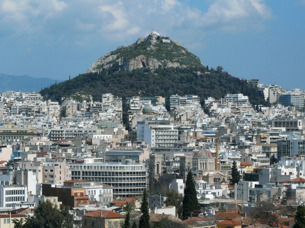 According to myth, Mount Lycabettus — Athens' highest hill — was created when the goddess Athena accidentally dropped part  of a mountain she had been carrying to the Acropolis.