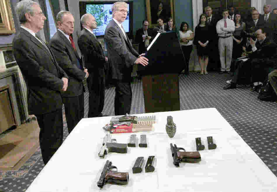 NYPD Deputy Commissioner for Intelligence David Cohen (far left) stands with other city officials to announce a foiled terrorist plot against a New York synagogue on May 12.