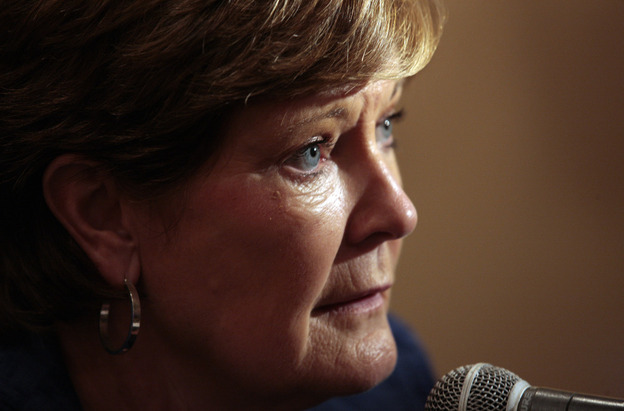 This file photo shows Tennessee women's basketball head coach Pat Summitt talking with reporters during the Southeastern Conference basketball media day,  in Hoover, Ala.