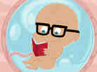 An illustration of a baby reading a book in the womb.