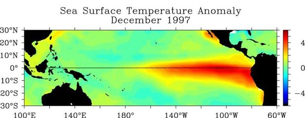This image shows the above-normal water temperature in the Pacific Ocean during the December 1997 El Nino. Green-blue colors represent normal temperatures; dark red indicates hotter water.