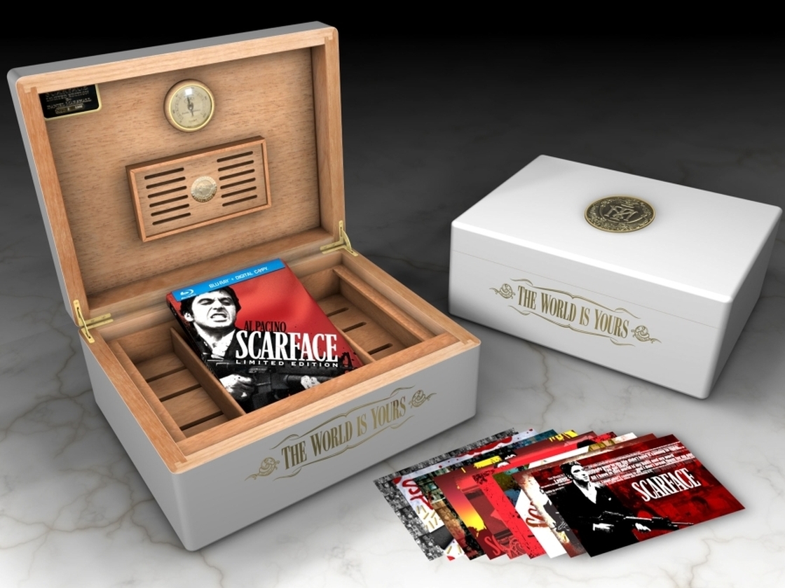 Universal has released a metal-encased Blu-ray Scarface Limited Edition Steelbook and a Scarface Limited Edition Humidor.