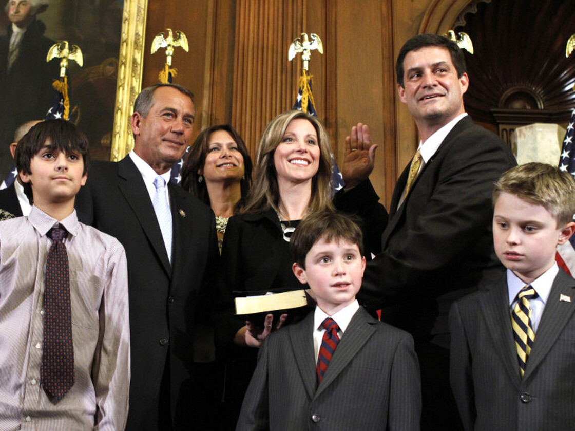 Freshman Rep. Chip Cravaack (R-MN) receives the House oath from House Speaker John Boehner during a mock swearing-in ceremony on Capitol Hill in January.