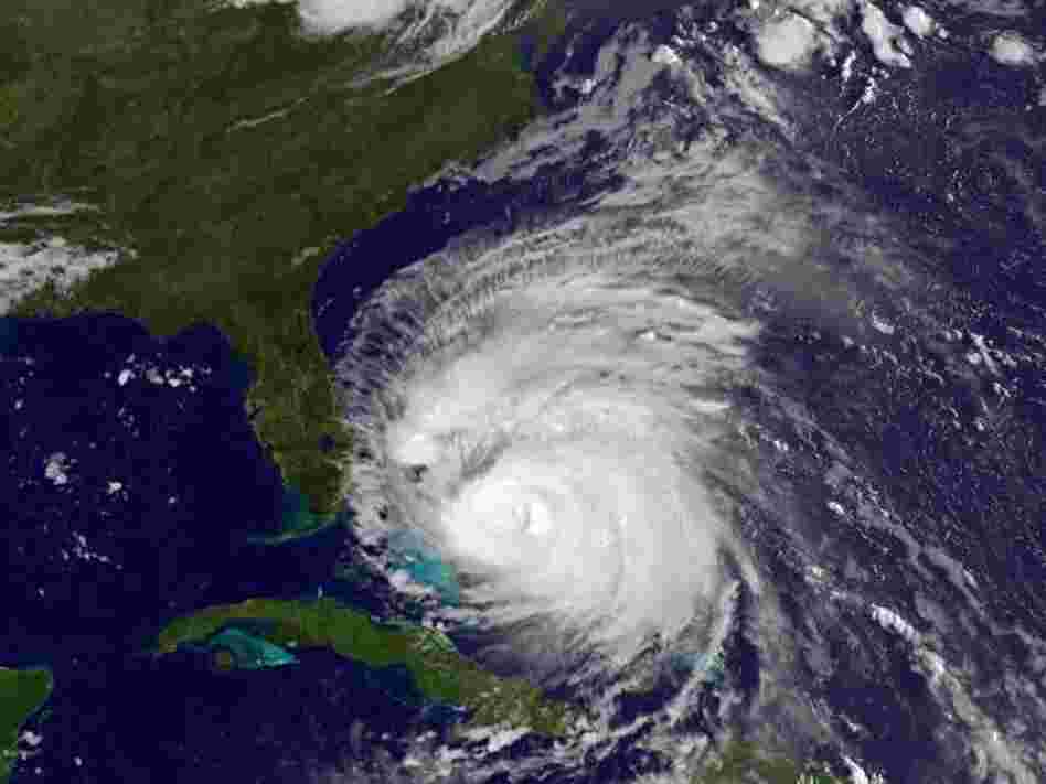 Hurricane Irene churns in the Caribbean Sea on Friday, as seen in this NASA satellite image. The storm is expected to increase in strength as it moves toward the Eastern Seaboard.