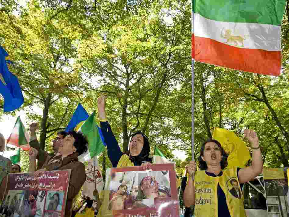 Supporters of the Mujahedeen-e Khalq, an Iranian exile group, demonstrate in front of the U.S. Embassy in The Hague, Netherlands, on Aug. 4, 2009. The U.S. State Department is reviewing the group's status on the Foreign Terrorist Organization list.