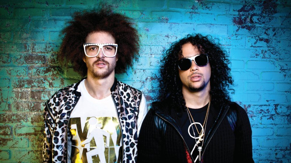 LMFAO (Redfoo on the left, SkyBlu on the right), so named because the response of SkyBlu's grandmother to their original name, Sexy Dudes, was, "LMFAO. Are you serious?"