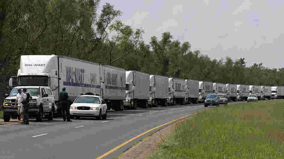 A convoy of Walmart trucks waited to enter New Orleans on Sept. 1, 2005, after the city was battered by Hurricane Katrina. Government agencies said the massive storm taught them that big-box retailers need to be an integral part of hurricane preparation and relief efforts. A convoy of Walmart trucks waited to enter New Orleans on Sept. 1, 2005, after the city was battered by Hurricane Katrina. Government agencies said the massive storm taught them that big-box retailers need to be an integral part of hurricane preparation and relief efforts.