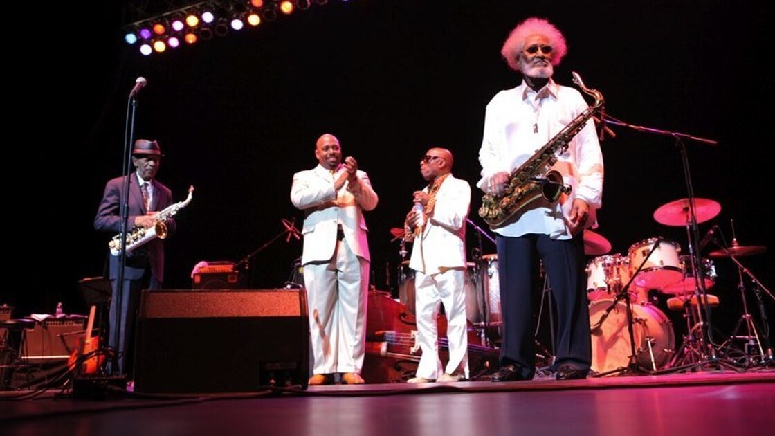 Rollins (far right) on stage at his 80th-birthday concert in New York City. Also pictured (left to right): Ornette Coleman, Christian McBride, Roy Haynes.