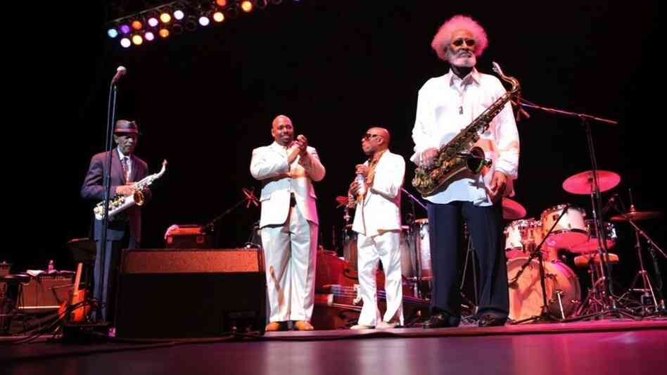 Rollins (far right) on stage at his 80th-birthday concert in New York City. Also pictured (left to right): Ornette Coleman, Christian McBride, Roy Haynes.