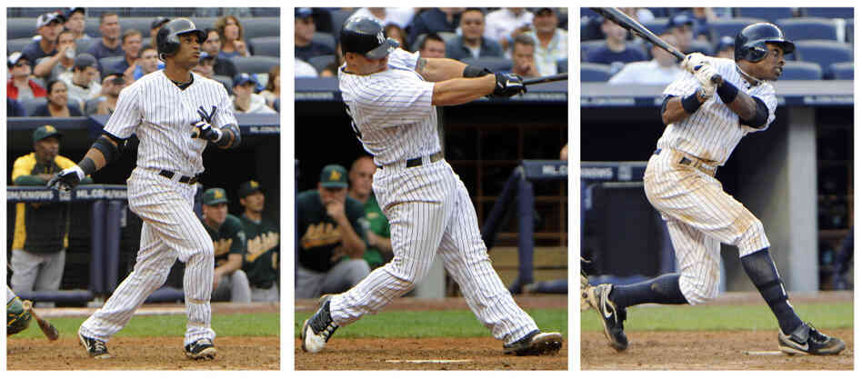 Boom! Boom!! Boom!!! From left to right: Robinson Cano hit his grand slam in the fifth inning; Russell Martin hit his in the sixth inning; and Curtis Granderson followed up in the eighth inning. Boom! Boom!! Boom!!! From left to right: Robinson Cano hit his grand slam in the fifth inning; Russell Martin hit his in the sixth inning; and Curtis Granderson followed up in the eighth inning.