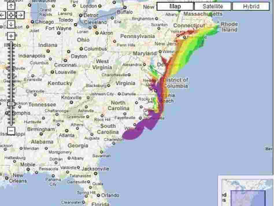 Areas in purple have a high likelihood of a storm surge that exceeds 2 feet.