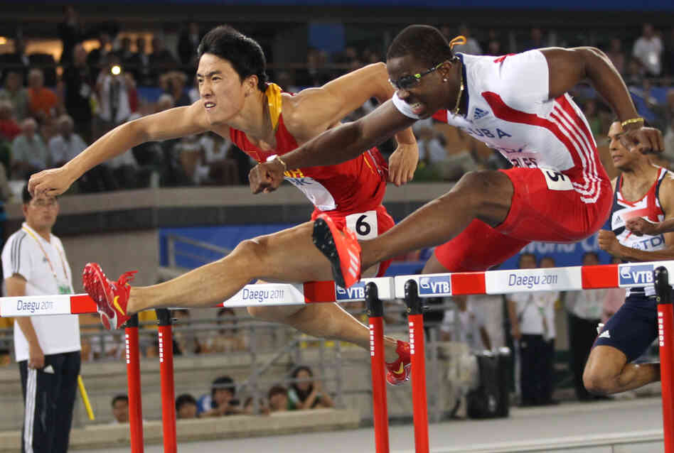 China's Liu Xiang and Cuba's Dayron Robles compete in the men's 110 meter hurdles final at the International Association of Athletics Federations (IAAF) World Championships in Daegu. China's Liu Xiang and Cuba's Dayron Robles compete in the men's 110 meter hurdles final at the International Association of Athletics Federations (IAAF) World Championships in Daegu.