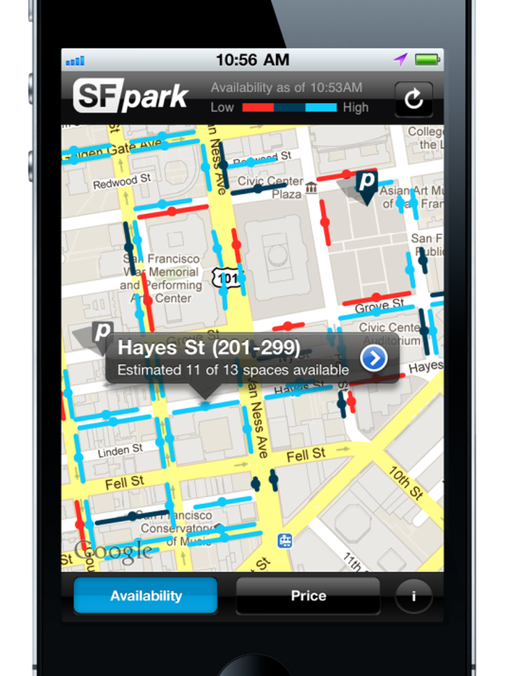 A screenshot of SFpark, an app that lets San Francisco drivers see available parking spaces as well as each space's cost.