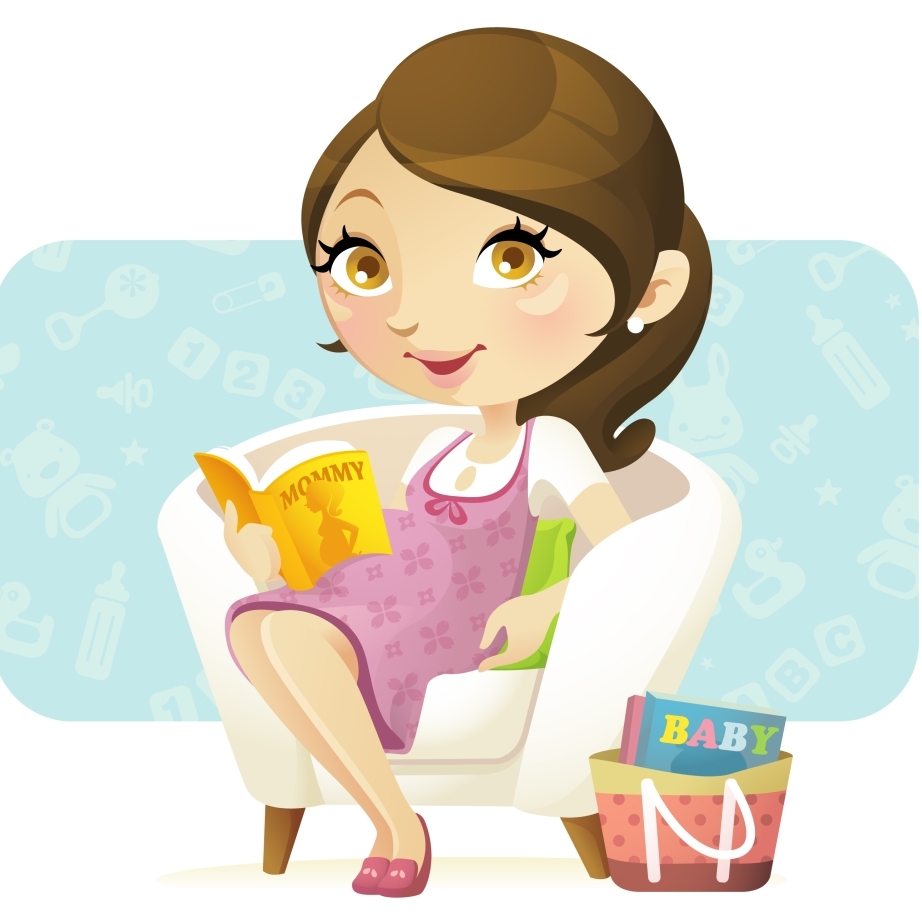 An illustration of a woman holding a book that says "Mommy" on it.