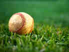 A baseball in the grass.