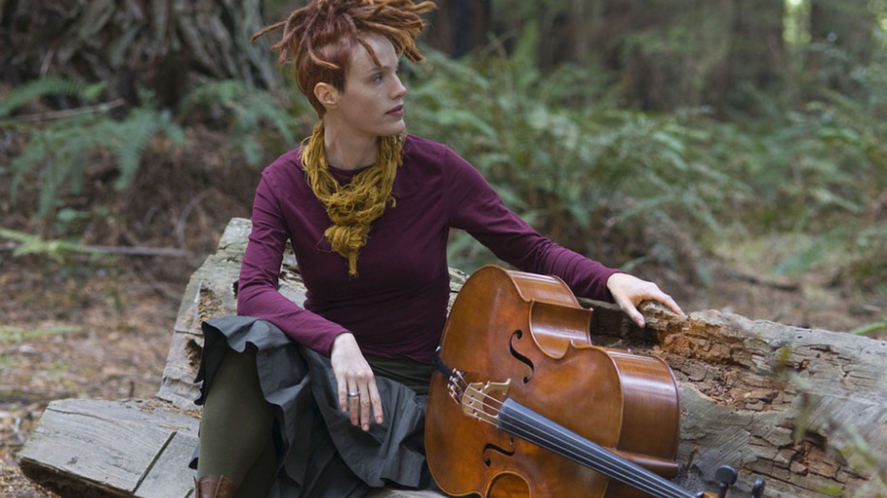 Cellist Zoe Keating in a redwood grove near Occidental, Calif.