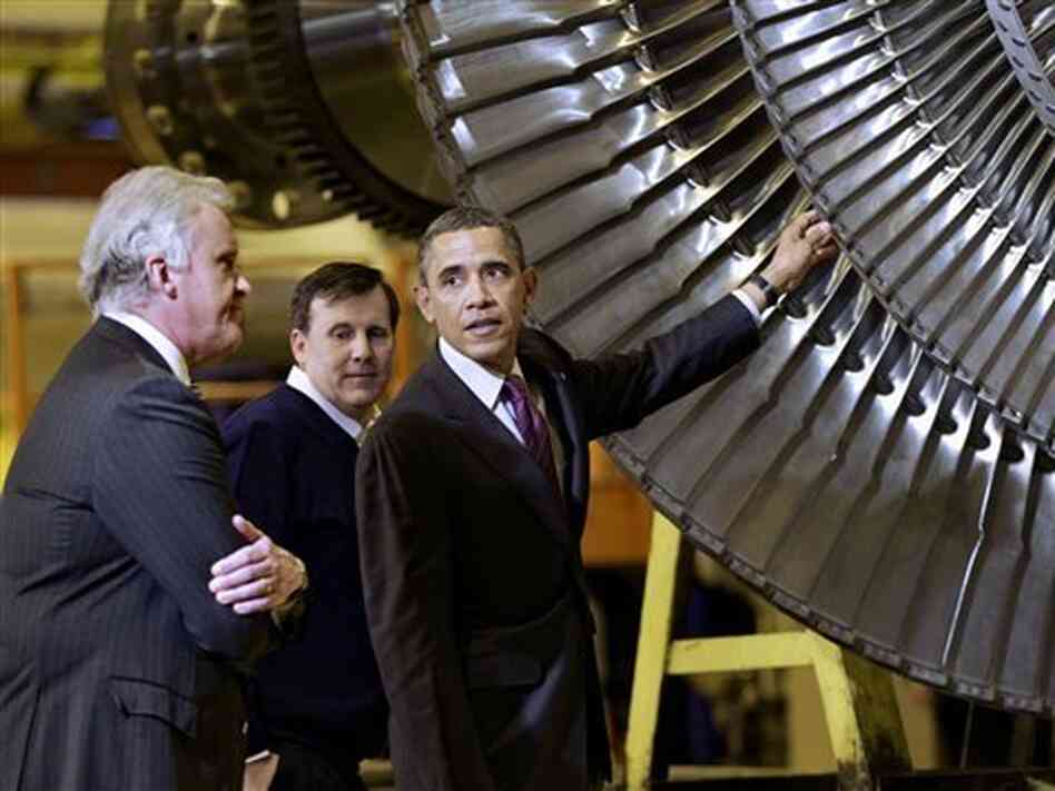 President Obama, joined by General Electric CEO Jeffrey Immelt (left) and plant manager Kevin Sharkey, visits a GE plant in Schenectady, N.Y., in January. Obama has made green jobs a centerpiece of his job-creation program. President Obama, joined by General Electric CEO Jeffrey Immelt (left) and plant manager Kevin Sharkey, visits a GE plant in Schenectady, N.Y., in January. Obama has made green jobs a centerpiece of his job-creation program.