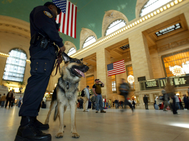 A K-9 police officer and his partner, "Bart," patrol New York's Grand Central Terminal in 2003. Less visible are the clandestine security measures the government has implemented since 2001.
