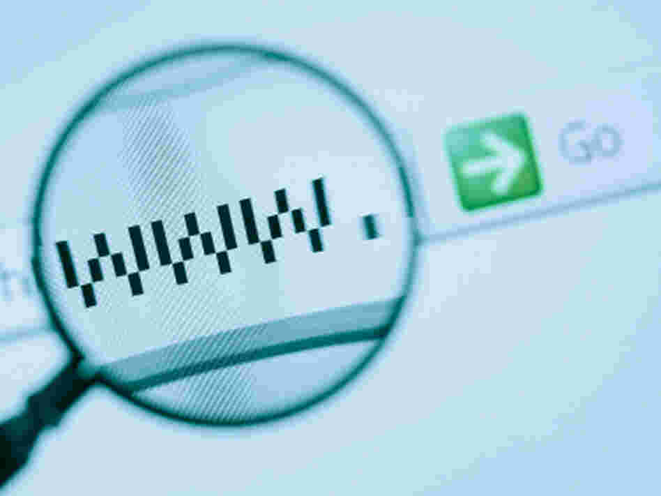 Magnifying glass enlarges a URL on a computer screen. Magnifying glass enlarges a URL on a computer screen.