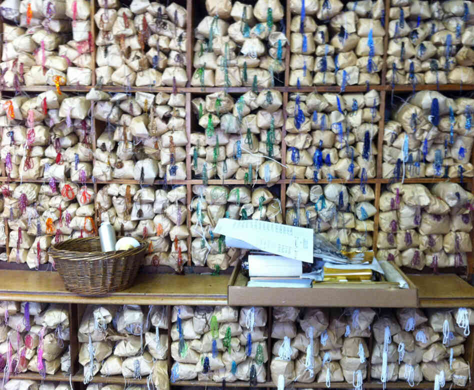 Beads of every imaginable color are organized in a rainbow of packets on the walls of the Lesage studio. Click here to see them up close.