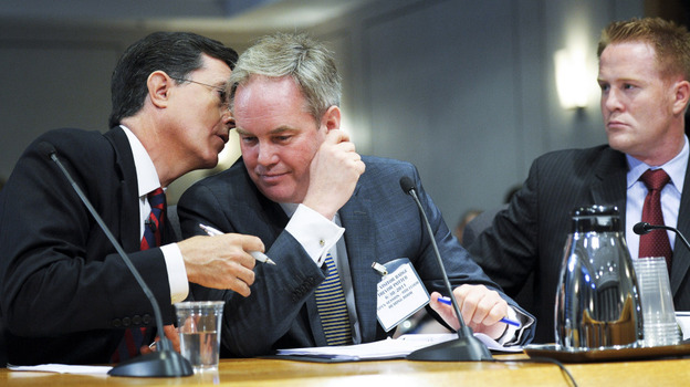 Comedian Stephen Colbert (left) confers with his attorney Trevor Potter (center) as Matthew Sanderson looks on at right, as they appeared before the Federal Election Commission in Washington. Potter says Colbert's superPAC — Americans For A Better Tomorrow, Tomorrow — is no joke. Comedian Stephen Colbert (left) confers with his attorney Trevor Potter (center) as Matthew Sanderson looks on at right, as they appeared before the Federal Election Commission in Washington. Potter says Colbert's superPAC — Americans For A Better Tomorrow, Tomorrow — is no joke.