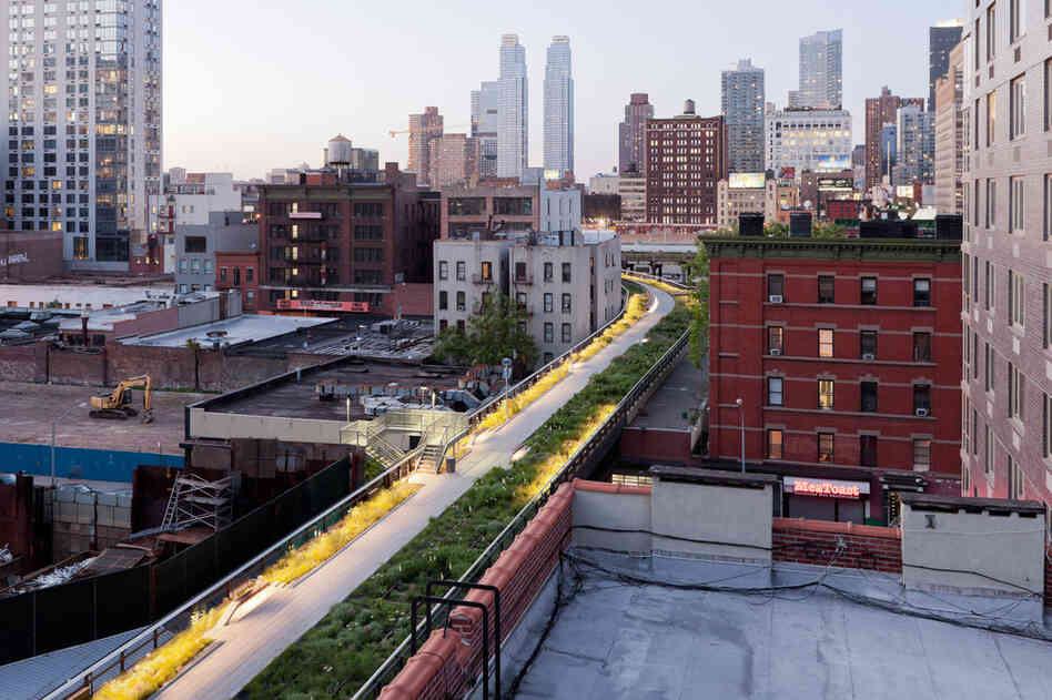 The High Line's Wildflower Field stretches from New York City's West 27th Street to West 29th Street. It has native plant species that once grew on the unused High Line as well as new species that bloom throughout the growing season. 