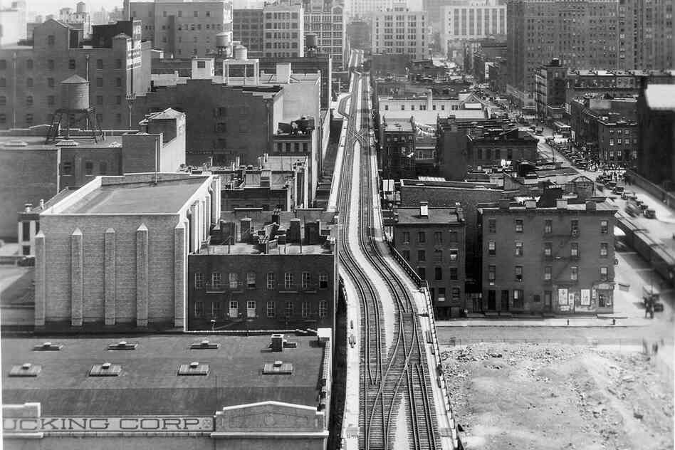 The elevated High Line (seen here in 1953) opened in 1934 in response to public debate about the hazards of street-level freight train traffic. 