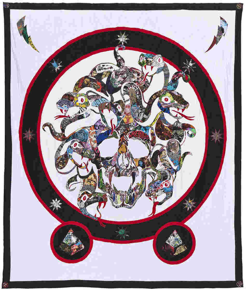 Artist Ben Venom makes quilts from vintage heavy metal T-shirts. His quilts have incorporated up to 120 different shirts and fetch as much as $8,000. This one is called "See You on the Other Side." 