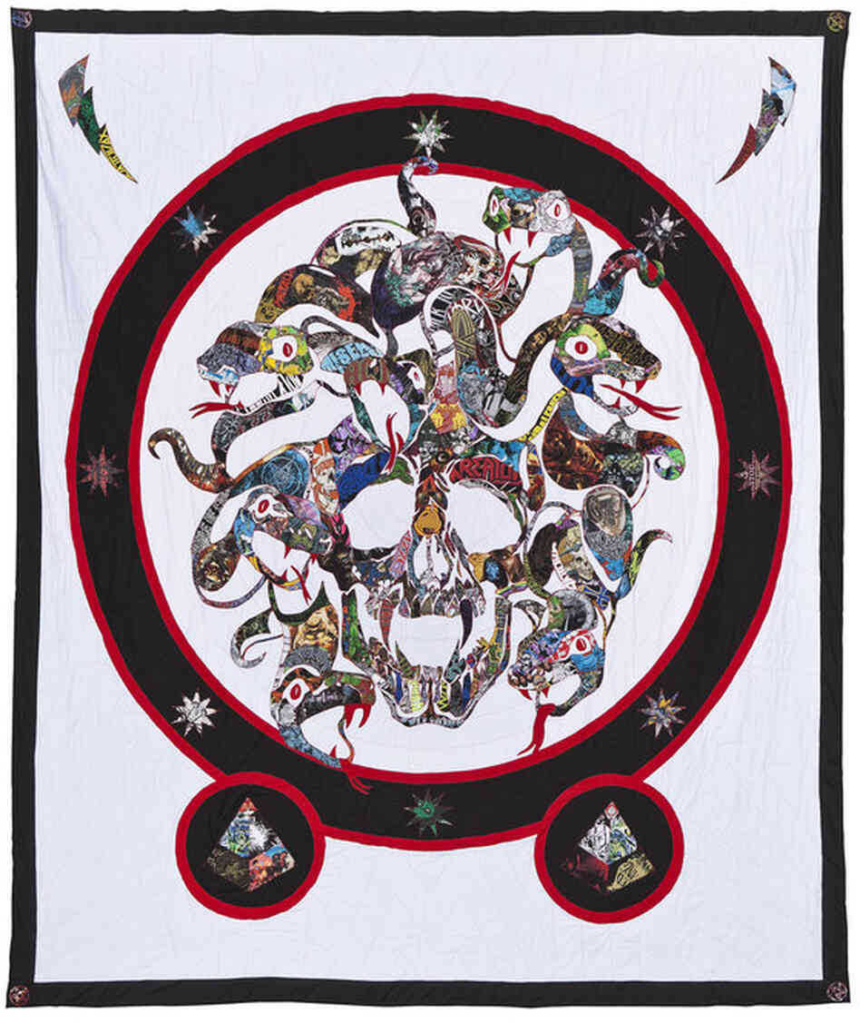 Artist Ben Venom makes quilts from vintage heavy metal T-shirts. His quilts have incorporated up to 120 different shirts and fetch as much as $8,000. This one is called "See You on the Other Side." 