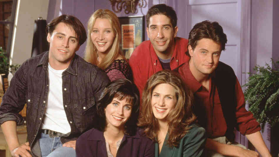 Matt LeBlanc, Lisa Kudrow, David Schwimmer, Matthew Perry, Courteney Cox, and Jennifer Aniston, of Friends, in a first-season cast photo. But you probably knew that.