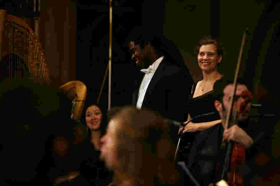 Baritone Dashon Burton and soprano Jolle Greenleaf react to the audience's applause during "Remember to Love: Let Us Love One Another With A Sincere Heart."