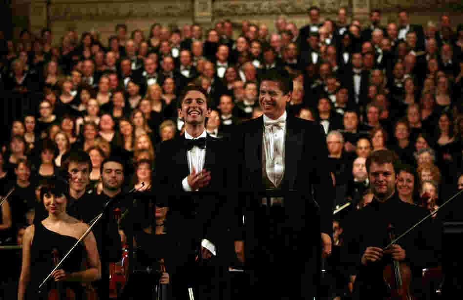 Countertenor Anthony Roth Costanzo, left, with conductor Francisco J. Nunez, right, during "Remember to Love: Let Us Love One Another With A Sincere Heart."