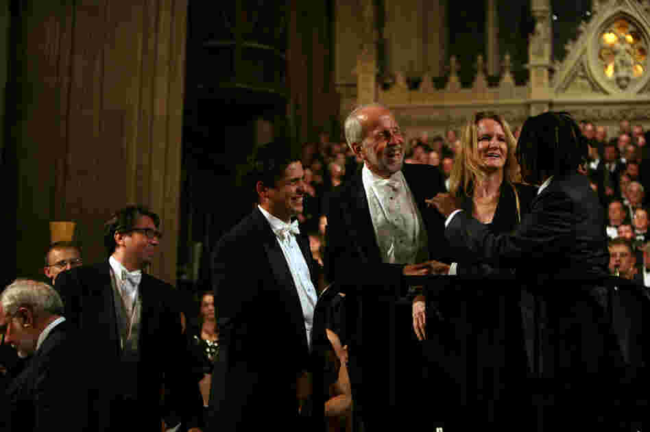 Conductors from left: Greg Funfgeld, Julian Wachner, Francisco J. Nunez, Brian Jones, Thea Kano and Melanie DeMore celebrate at the end of "Remember to Love: Let Us Love One Another With A Sincere Heart."