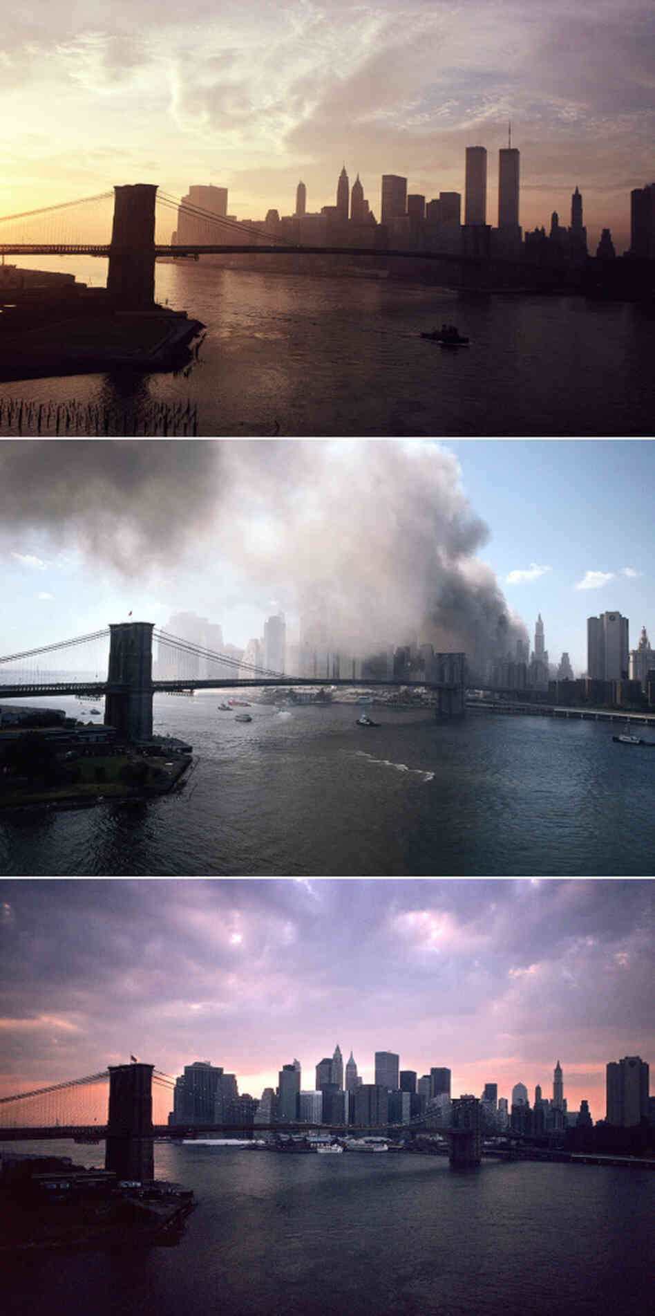 View of lower Manhattan from the Manhattan bridge in 1979 and again, twice, in Sept. 2001, before and after the twin towers fell. View of lower Manhattan from the Manhattan bridge in 1979 and again, twice, in Sept. 2001, before and after the twin towers fell.