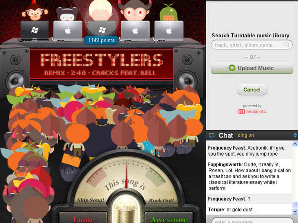 Happy avatars listen to music in the Turntable.fm "room" named Coding Soundtrack.