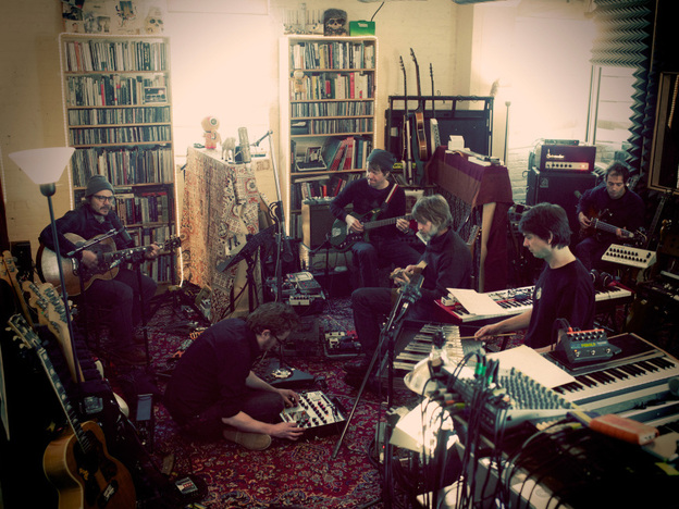 Wilco at the band's loft studio:  Jeff Tweedy (from left), Mikael Jorgensen, Nels Cline, Patrick Sansone, Glenn Kotche and John Stirrat.