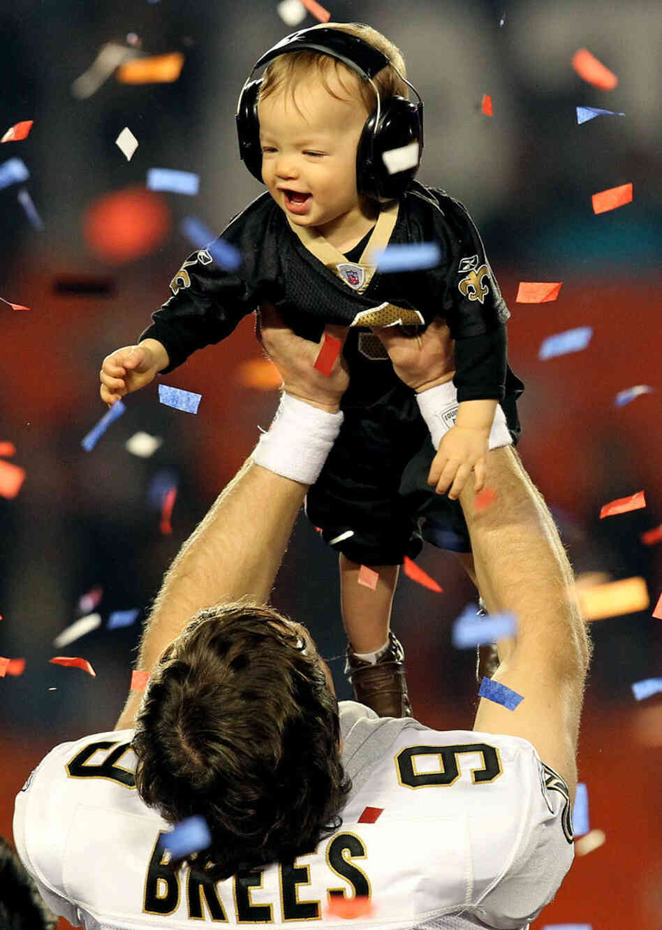 Drew Brees of the New Orleans Saints celebrates with his son Baylen Brees after winning Super Bowl XLIV on February 7, 2010. Drew Brees of the New Orleans Saints celebrates with his son Baylen Brees after winning Super Bowl XLIV on February 7, 2010.