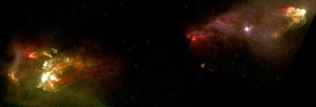 A cloud of interstellar gas and dust collapses and a star is born. At its core temperatures rise, a nuclear furnace ignites, and a rotating dusty disk forms surrounding the newborn star. According to current understanding, as material continues to fall onto the disk magnetic fields blast it back out along the disk's axis of rotation, forming a pair of high speed jets.