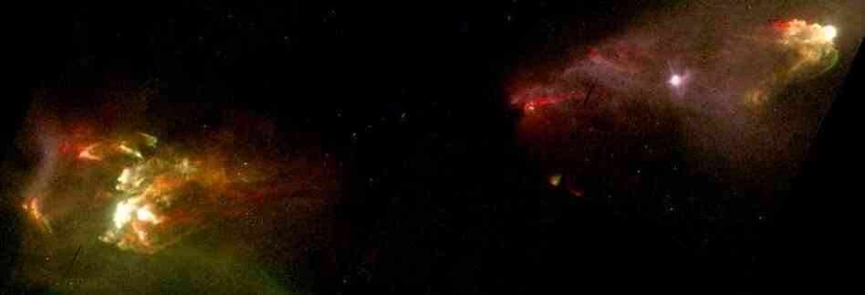 A cloud of interstellar gas and dust collapses and a star is born. At its core temperatures rise, a nuclear furnace ignites, and a rotating dusty disk forms surrounding the newborn star. According to current understanding, as material continues to fall onto the disk magnetic fields blast it back out along the disk's axis of rotation, forming a pair of high speed jets.