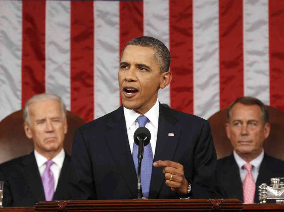 President Obama during his address this evening. Vice President Biden (on the left) and House Speaker John Boehner (R-OH) are behind him.