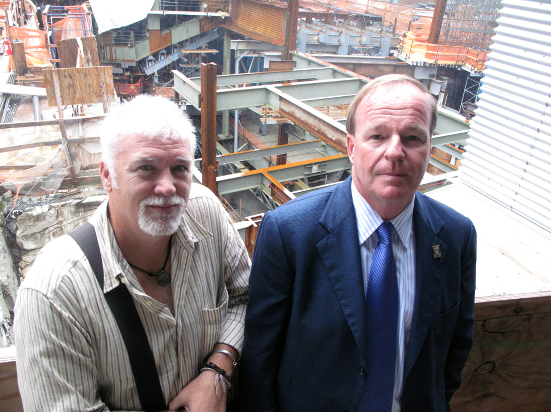 Retired Port Authority Police officers Brian Patrick Tierney (left) and Kevin Devlin visited the World Trade Center site this week. Both men say it's been a struggle to adjust to normal life after losing friends and searching for remains at Ground Zero.
