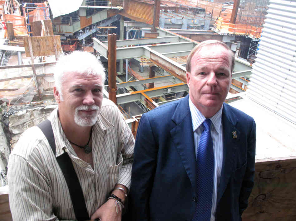 Retired Port Authority Police officers Brian Patrick Tierney (left) and Kevin Devlin visited the World Trade Center site this week. Both men say it's been a struggle to adjust to normal life after losing friends and searching for remains at Ground Zero.