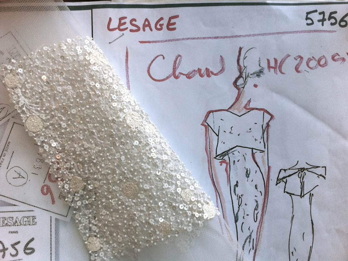 A sketch and an embroidery swatch for a Chanel dress that is in the works. Chanel purchased the Lesage studio in 2002.