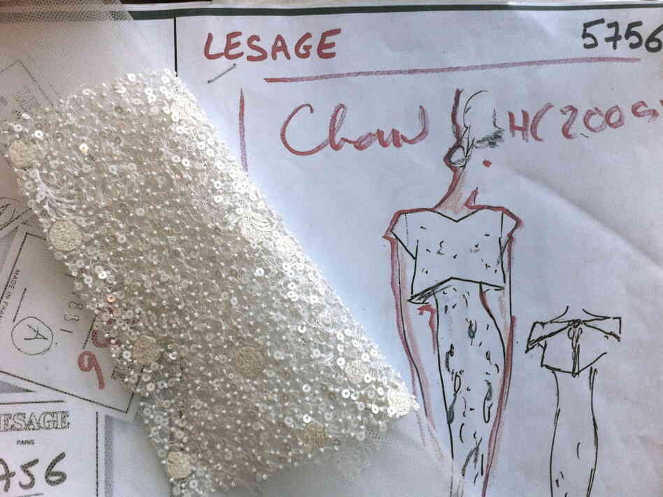 A sketch and an embroidery swatch for a Chanel dress that is in the works. Chanel purchased the Lesage studio in 2002.