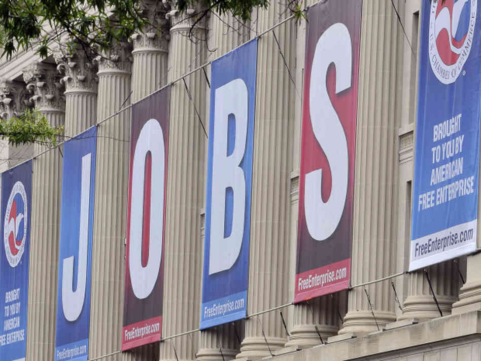 A giant sign reading "jobs" hangs outside the U.S. Chamber of Commerce building in Washington, D.C.
