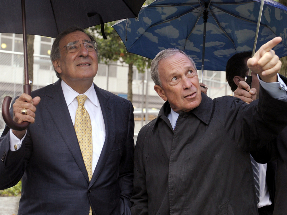 New York City Mayor Michael Bloomberg (right) shows Panetta the World Trade Center Memorial.